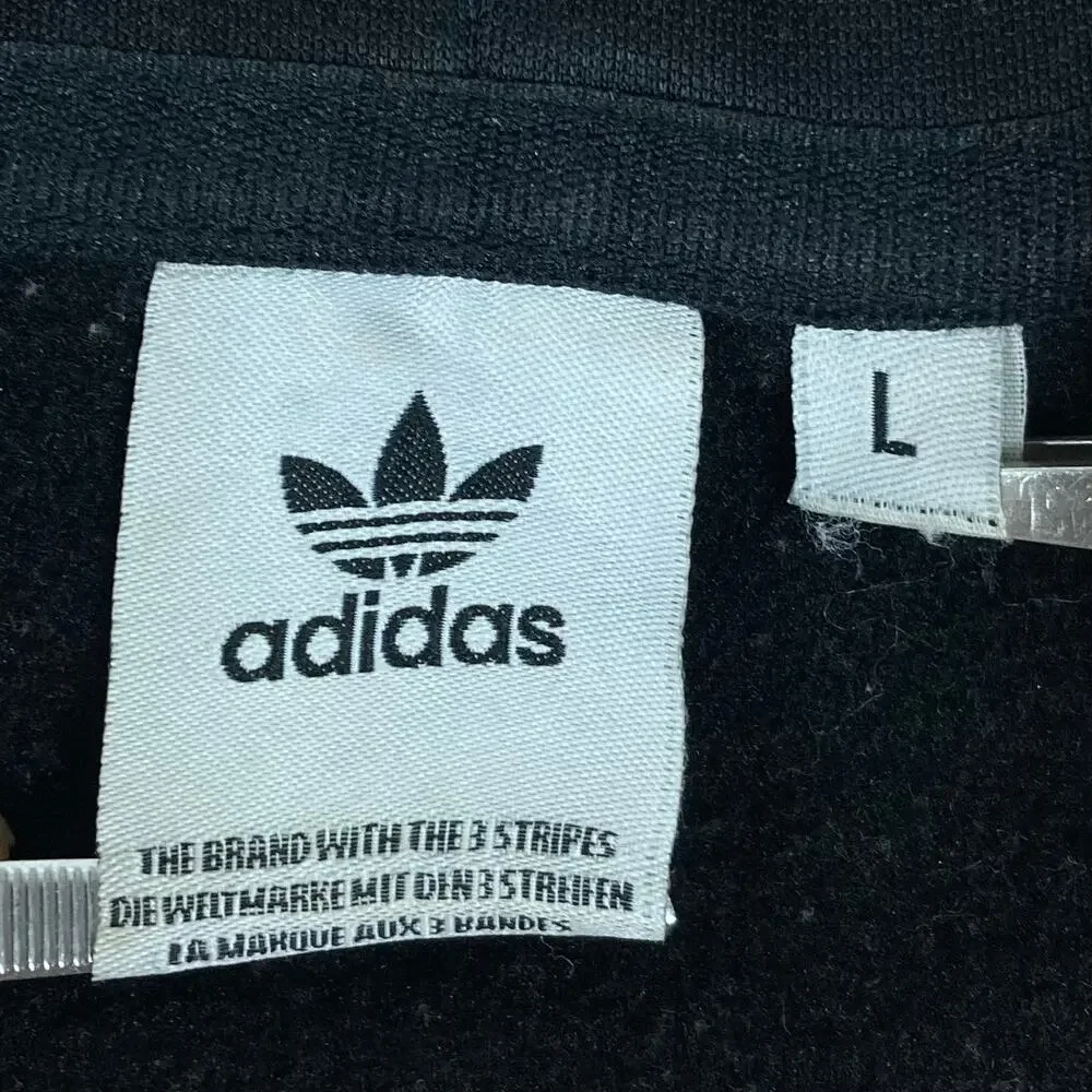 Adidas Black Track Jacket Men L Full-Zip White-Logo Stripe Hoodie Drawstring